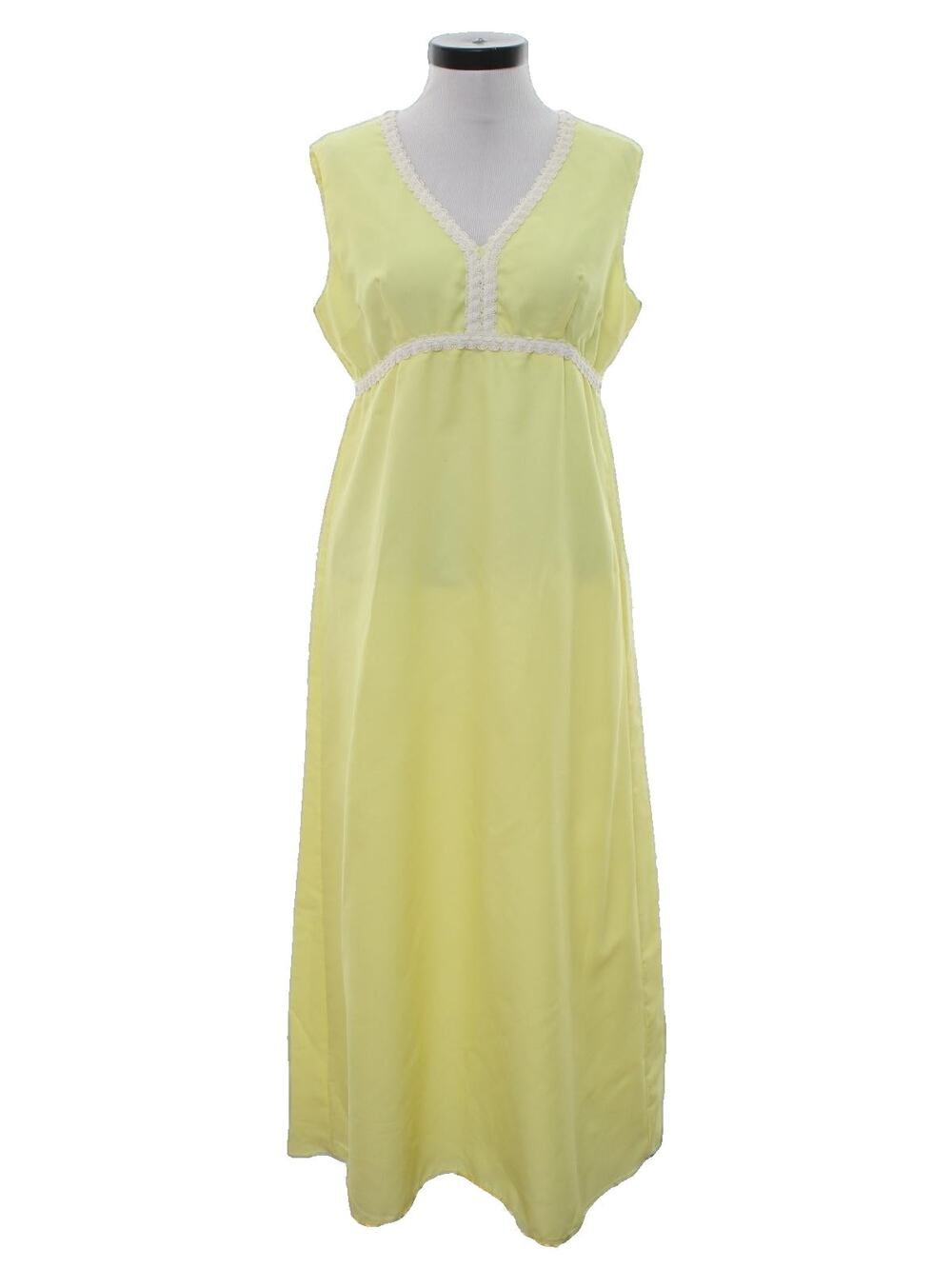 Vintage 70s Yellow Empire Waist Dress White Trim Sleeveless Midi